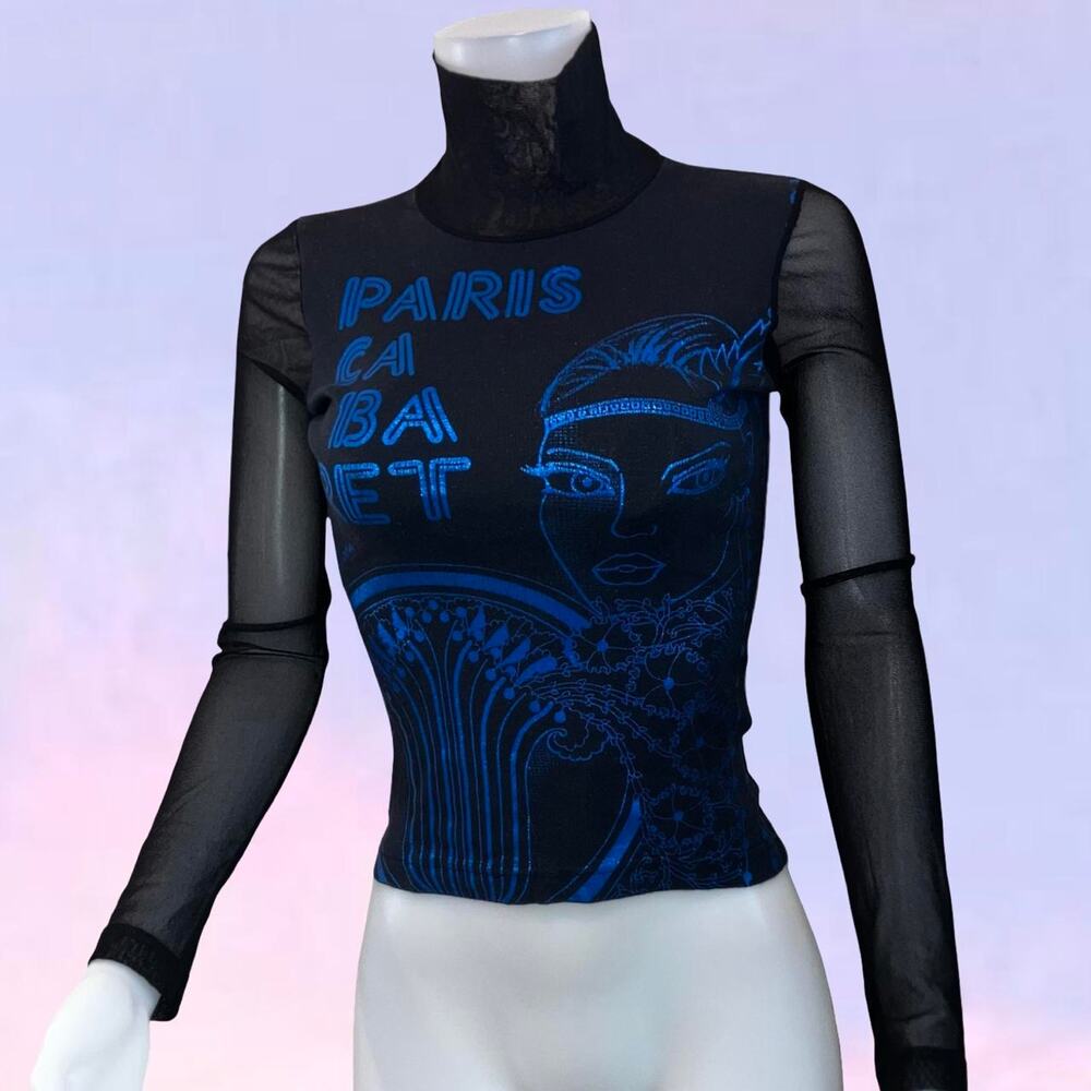 Vintage 90s y2k graphic face print euro french mesh turtleneck - Picture 1 of 7